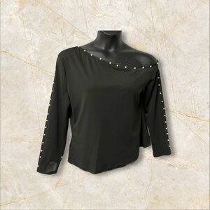 Xpluswear Black Top‎ Long Sleeve SZ XL Women Off Shoulder Pearls Casual Feminine